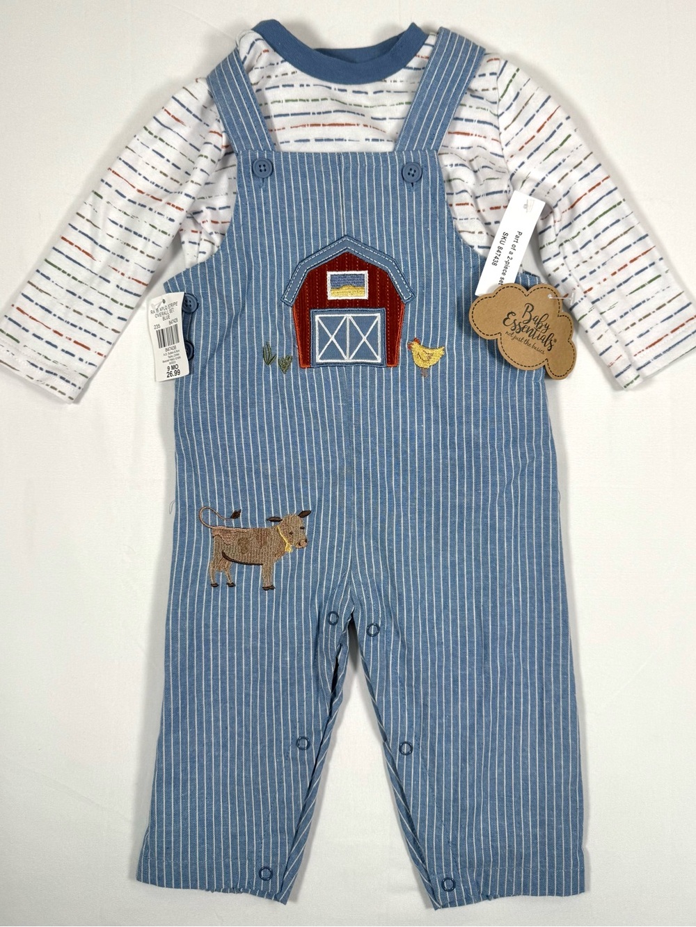 NWT BABY ESSENTIALS Boys Farm Overall Set 9M Barn Cow Chicken NEW Farmer Preppy